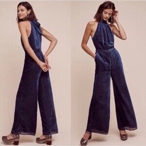 Elevenses Anthropologie Jumpsuit 8 Velvet Halter Wide Leg Formal Holidays Party